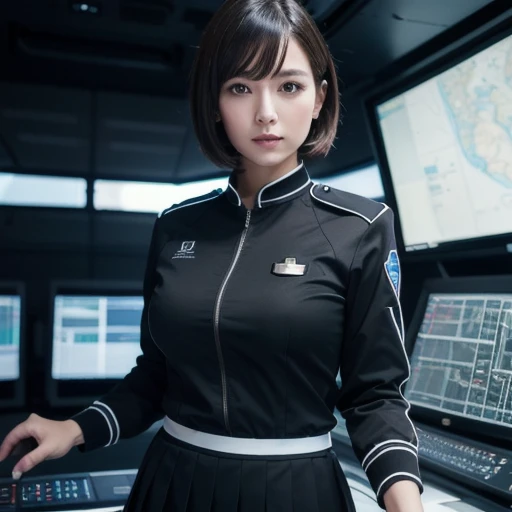 (Top resolution, Distinct_image), Best Quality, masutepiece, Highly detailed, semi - realistic, Woman with short black hair, (Black hair), (Black eyes), Mature Woman, Triple bangs, Black uniform, Black pleated skirt, Military uniform, Beautiful woman, Control room, Commander