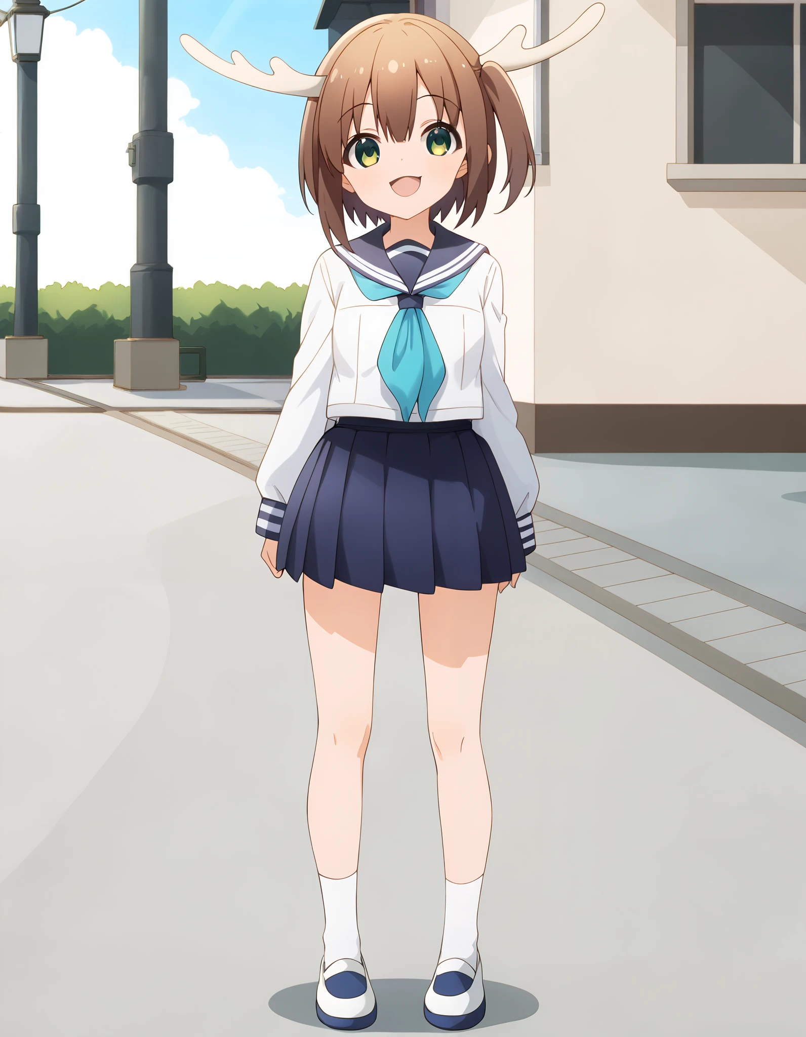 Hd, (girl:1.2) (slender body) (thin body), smile, happy, masterpiece, best quality, highres,2d, anime, 1girl, long hair, one side up, solo, noko shikanoko, short hair, bangs, brown hair, hair between eyes, green eyes, horns, skirt, shirt, long sleeves, school uniform, white shirt, pleated skirt, serafuku, sailor collar, blue skirt, neckerchief, blue sailor collar,, flat breasts, (white skin) happy and confident expression. full body, (ch1ldren playing), short girl, cute girl, (loli:1), (ch1ldren:1.2), thin legs, flat chest, flat breasts. (happy, smile, cheerful), Standing, outdoor, looking at viewer, potrait