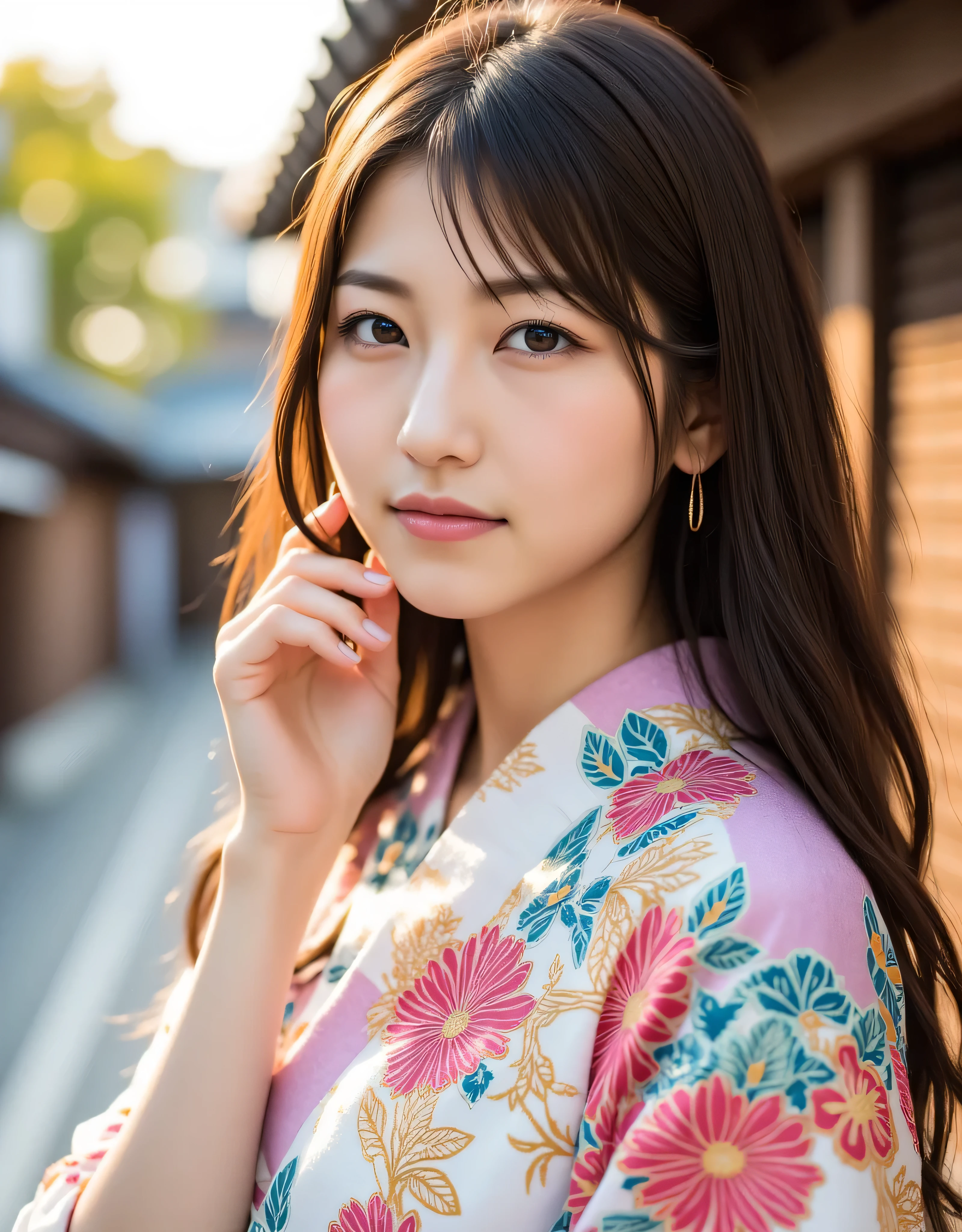 ((( best quality )))、((('s greatest masterpiece)))、Beauty Painting、 8k、 beautiful woman:20 years old: Exact Anatomy、 beautiful faces、 beautiful hair、 beautiful eyes、 beautiful breasts、 beautiful body、 Beautiful Legs、( A kimono with beautiful patterns and colors)、Kyoto city 、best hair and skin texture、 photorealistic sticks 、 natural light、 high resolution images、Overall view of the body、 with a person、