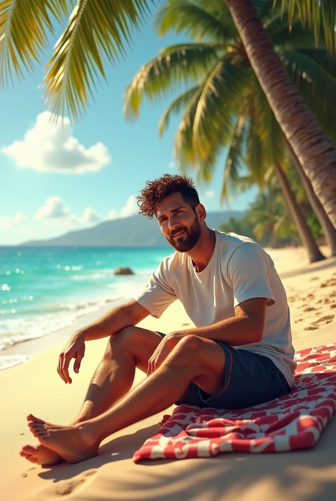 A Brazilian man on the beach without underwear and behind him a sign saying hot