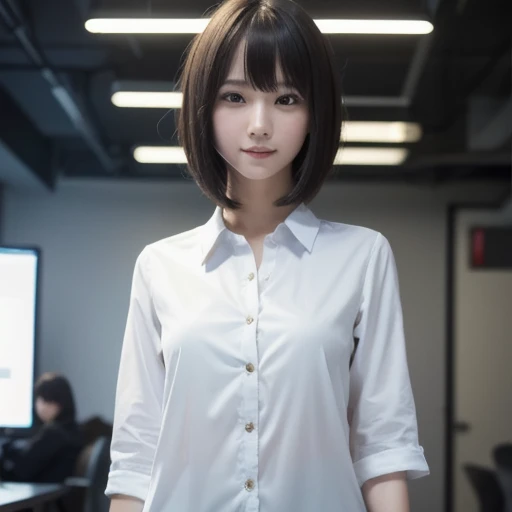(Full body:1) of a young girl, smart casual, hacker's server room, detailed face, ((cool facial expression)), (straight short thin fringe hair:1.2), ultra detailed photograph, (photorealistic), (intricate details:1),(masterpiece :1), (best quality:1), ultra high res, (detailed eyes), (detailed facial features), HDR, 8k resolution, (lens flare:0.5), light from far behind, (smile, joy)