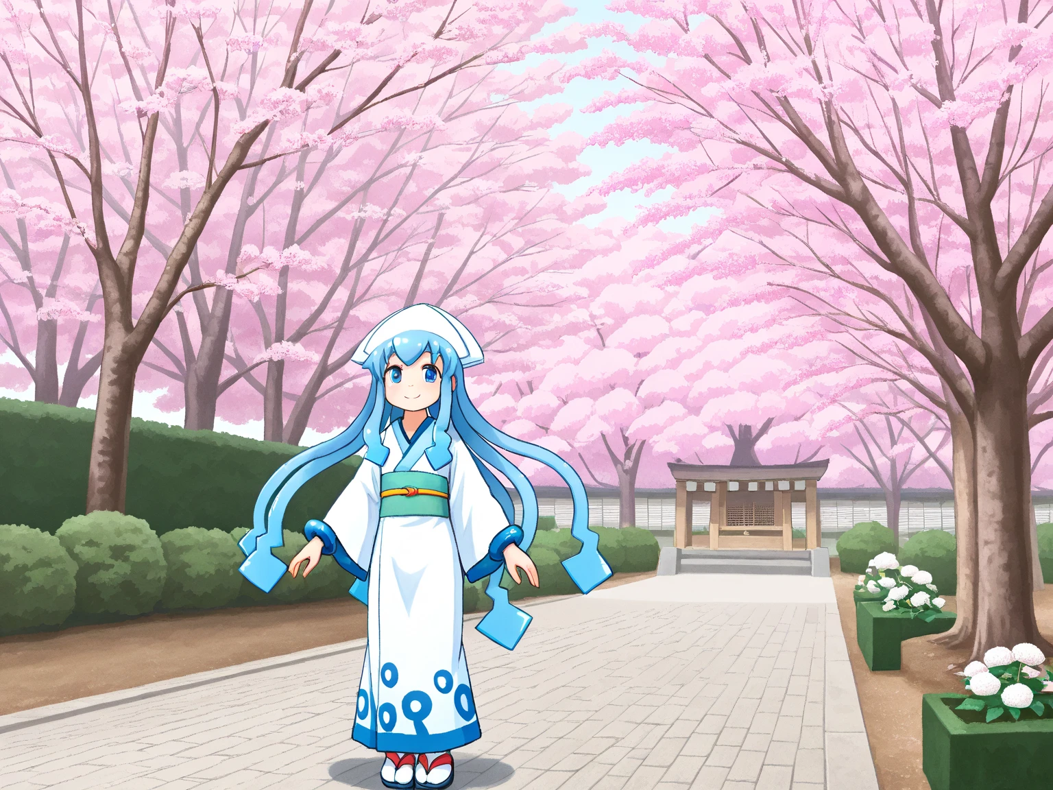 ikasumume, white dress, blue hair, blue eyes, blue bracelet, Squid hat, tentacle hair, blue trim on clothes, 
 Adult, Ofunesode , smile,  graceful pose ,  woman in kimono , 
 sunny early spring,
 under a cherry tree ,  Japanese Garden, Spring scenery, full body