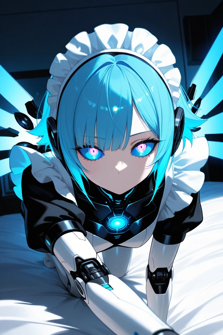 masterpiece, best quality, very aesthetic, absurdres, 1girl, anime style, robot, android, cyborg, feminine, white body, black parts, big eyes, cute, blue light parts on face, large drooping eyes, blue sclera, white pupils, short hair reaching shoulders, slightly messy hair, long side bangs reaching ankles, blue core on neck and chest, short hair in back, glowing blue hair parts, maid-like outfit, very mechanical, no mouth or eyebrow parts, large chest parts, armored chest tips, cute pose, girly pose, close-up, armored abdomen, on bed, on all fours, approaching, erotic atmosphere, seductive





