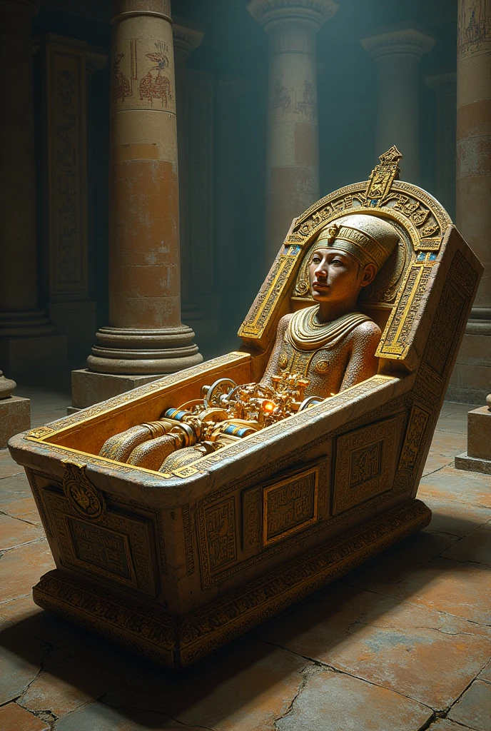 (Best quality, 8k, 32k, Masterpiece, UHD:1.2) "Transform the image into a luxurious Egyptian Museum, where opulence meets ancient mystique. Fill the scene with an exquisite collection of Egyptian artifacts and paintings, each possessing supernatural roots and influenced by Egyptian Mythos. Enhance the grandeur of the museum with intricate gold accents, ornate pillars, and regal tapestries. Illuminate the artifacts with a soft, golden light, casting a warm glow that highlights the richness of the surroundings. Infuse an air of prestige and mystery, capturing the essence of an exclusive museum that preserves the magic and history of ancient Egypt in a lavish setting." staring at an Egyptian statue.