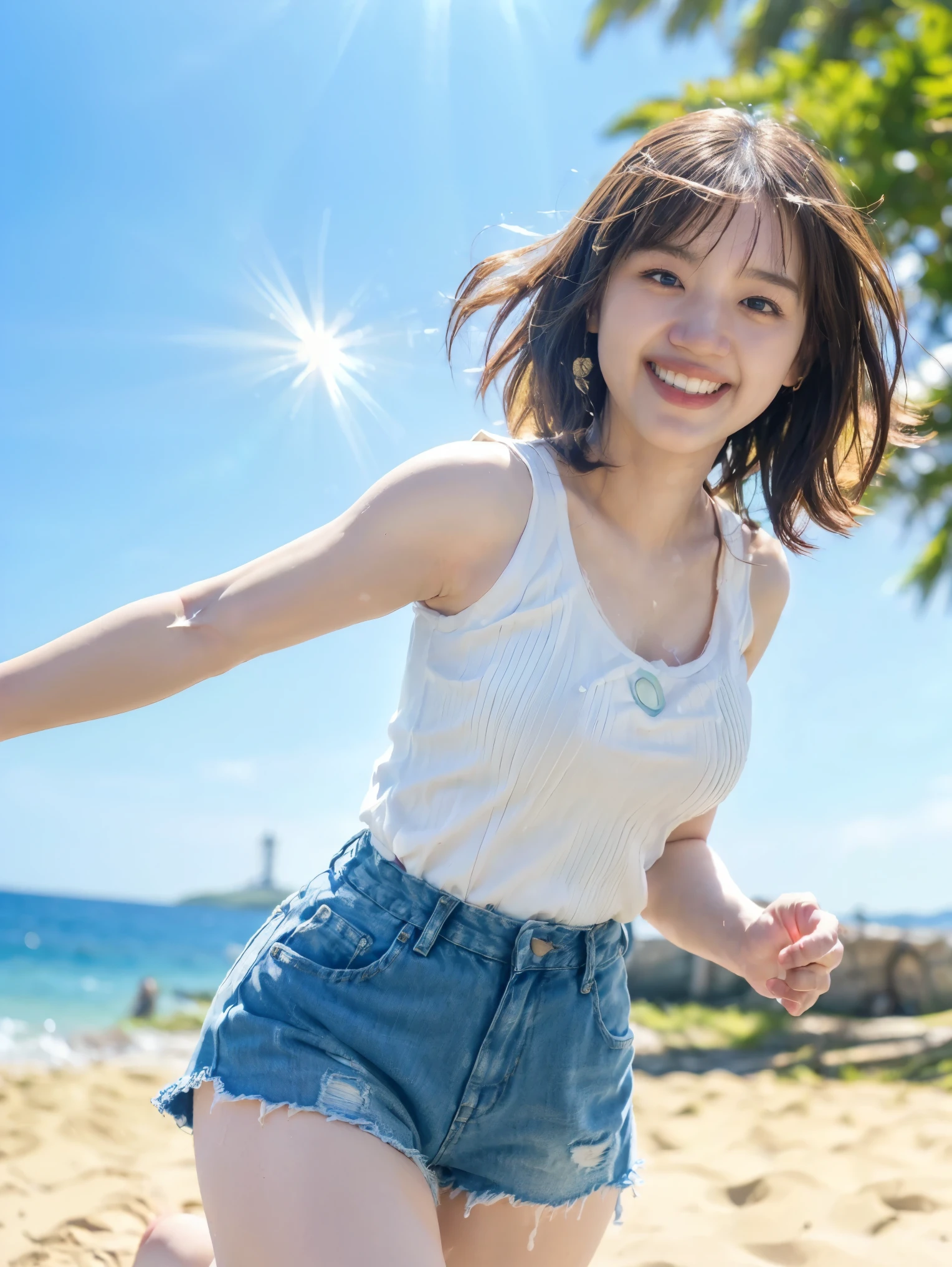 ((( sunny day、 Japanese 、 Beach 、 strong winds 、 my hair and skirt are flying、( short tank top, damaged denim shorts))、Playing in the sea:1.25、 splash 、Throwing water at the camera、smile、Laughter、sandy beach、 sunshine、 clear blue ocean 、The waves gently crash on the shore、Blue sky with white clouds、Green Mountain々、Beautiful Nature、The joy of youth)))、((( Light emanating from the composition :1.33)))、(((8k、 best quality 、Masterpiece、 super A high resolution)))、( realistic:1.4)、 RAW photos、( texture of real skin :1.3)、( film grain:1.3)、(( no underwear、 one leg))、 one girl outside running、Beautiful, detailed eyes and face 、barefoot、