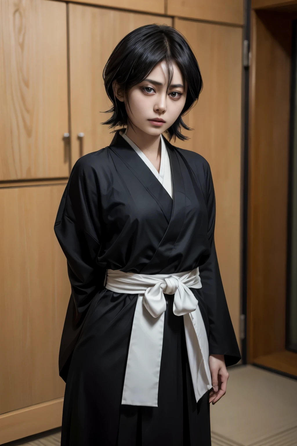 masterpiece,high quality,highres,1girl,solo,krukia,black hair,short hair,purple eyes,hair between eyes,black kimono,sash,black hakama,arms behind back,. She is standing in a confident pose with a fierce look