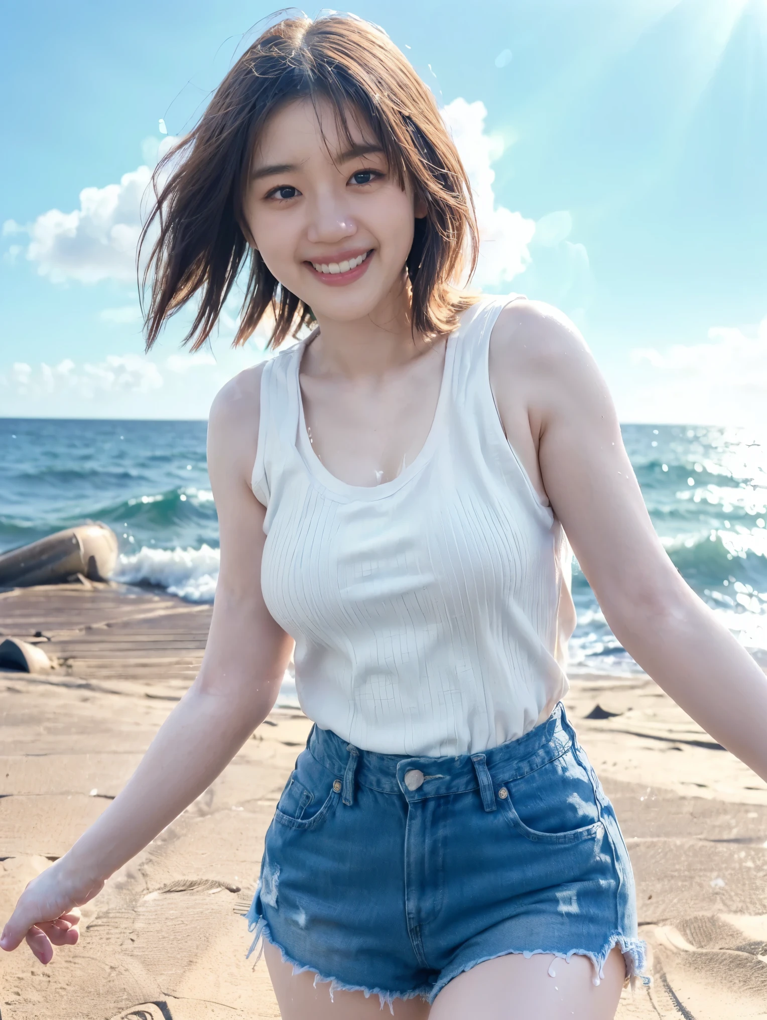 ((( sunny day、 Japanese 、 Beach 、 strong winds 、 my hair and skirt are flying、( short tank top, damaged denim shorts))、Playing in the sea:1.25、 splash 、Throwing water at the camera、smile、Laughter、sandy beach、 sunshine、 clear blue ocean 、The waves gently crash on the shore、Blue sky with white clouds、Green Mountain々、Beautiful Nature、The joy of youth)))、((( Light emanating from the composition :1.33)))、(((8k、 best quality 、Masterpiece、 super A high resolution)))、( realistic:1.4)、 RAW photos、( texture of real skin :1.3)、( film grain:1.3)、(( no underwear、 one leg))、 one girl outside running、Beautiful, detailed eyes and face 、barefoot、