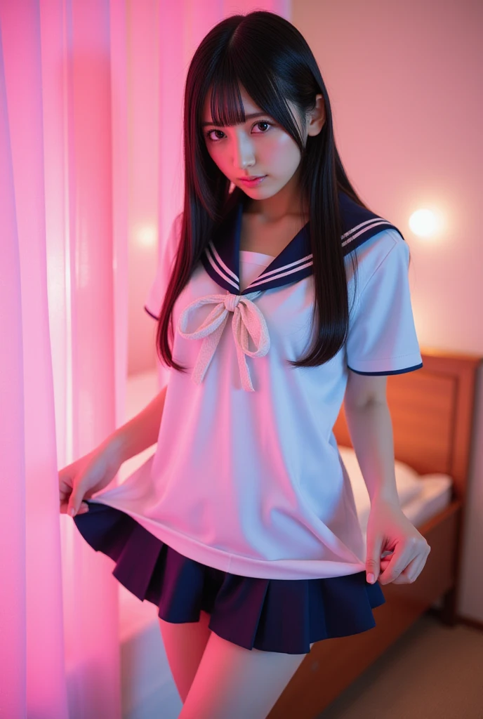  perfect composition of drapes ,  proper placement , close,   beautiful Japanese woman holding a panty ,  long black hair 、 brown eyes:1.21,  CLEAR EYES,   perfect beauty, Compensate,   pink lipstick in it :0.98,  Complete anatomy,  small head ,  Traditional sailor uniform of a famous high school in the city, White uniform,  short sleeve sailor suit:1.21,  will be Fuku:1.21,  navy blue pleated micro skirt, She's flipping through her skirt to show her white lace panties、 perfect beauty, Like a positive movie:1.21, ( film-framed pictures taken on positive film:1.5), Japanese Love Hotels、 pink lighting、bed sexy, Orgasm, ,  dramatic lighting, 