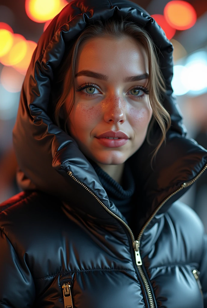 (UHD, retina, masterpiece, accurate, anatomically correct, textured skin, super detail, high details, high quality, best quality, high res, 1080P, HD, 4K, 8k, 16k), (beautiful detailed eyes, beautiful detailed lips, extremely detailed eyes and face), soft lighting, physically-based rendering, vivid colors, (large breasts:1.5), (portrait, shiny hair, shiny skin), eye reflection, (bokeh, moonlight:1.5), (black coat, wear the hood on your head, tanned skin:1.5), silver hair,