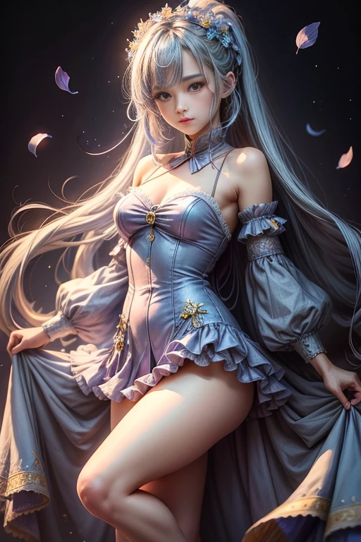 1 girl, Princess peach, Boosette, white hair, extremely long hair, purple eyes, soft, soft light, delicate, frills, frilly choker, frilly white dress, messy hair, laying down, parted lips, sexy pose, open mouth, bows in hair, presenting, white thighhighs, (blushing), feet together, crown, ballroom gown, high heels, sad and scared, ass, anus, anal, sex