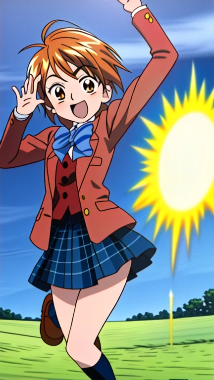android, beautiful robot, short pigtails, brown hair, Hair tie with two big red clothespins, big smile, brown hair, middle age, joint seam, blue eyes, full body figure, Height: 160cm, Light beige micro mini dress, fluttering skirt, skirt folds, white retro swimwear, Uplifting, 2020s anime style, 21thcentury japan animation, show White pantie