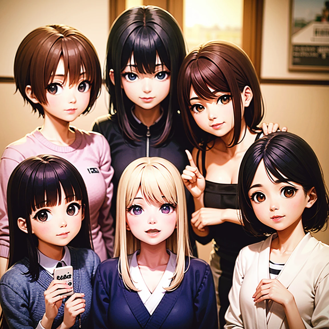 (Highest quality, masterpiece), A group photo of eight very unique and beautiful students, A variety of emotions, Various expressions, Stubborn pose, Different hair colors(There is only one redhead among them., Three Blondes, 2 brown hair、2 black haired people), Various Hair Styles, Different hair lengths, Different eye colors, Various body types, Different breast sizes, (There is definitely one flat chested Asian brunette + One muscular woman with short blonde hair + 1 long-haired redhead girl + 1 brunette hippie with braids + 1 Brown hair and flat chest + 1 short, curvy woman with brown hair), Graduation Photo Album, Beautiful Face, Upper Body