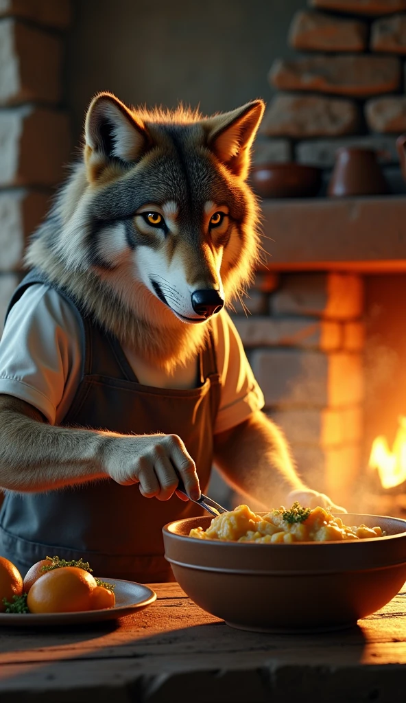 AN ULTRA-REALISTIC IMAGE OF A WOLF CHEF IN A COZY, RUSTIC FANTASY ...