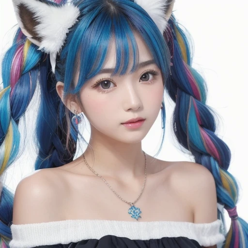 Masterpiece,  best quality ,  High Resolution , (  white background : 1.4), [ sparkle], [ A very detailed depiction of the hair of the person watching the viewer  ,  portrait, Art by 1 cute Chinese girl ], ( long hair,  Blue Hair, Wave Curl,   Multicolor Twisted Big Braid: 1.3, Fluffy fox ears, Air Van),  White Off Shoulder Short Sleeve ,  delicate face,  pink lips,  earrings,  necklace