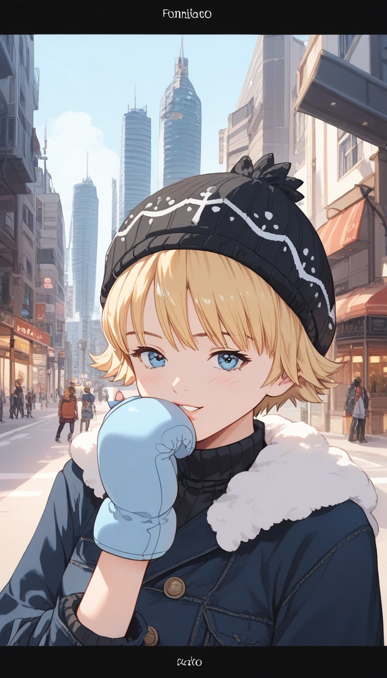 score_9, score_8_ up, score_7_ up, score_6_ up, score_5_ up, score_4_ up,  source_Anime,  screenshot , Blonde,  short hair,  comments, Beanie,  snows,  upper body,ãã¼ã«ã¼ãè¦ã¦ãã,  ogipote, city,   knight , Mittens,