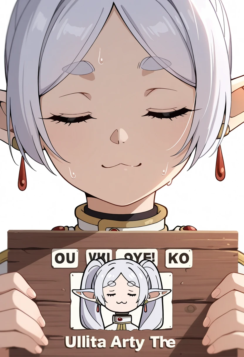 masterpiece,(best quality),highly detailed,ultra-detailed,
1girl, frieren, white hair, elf, closed eyes, :3, SeaArt, holding sign, upper body, close up, sweat