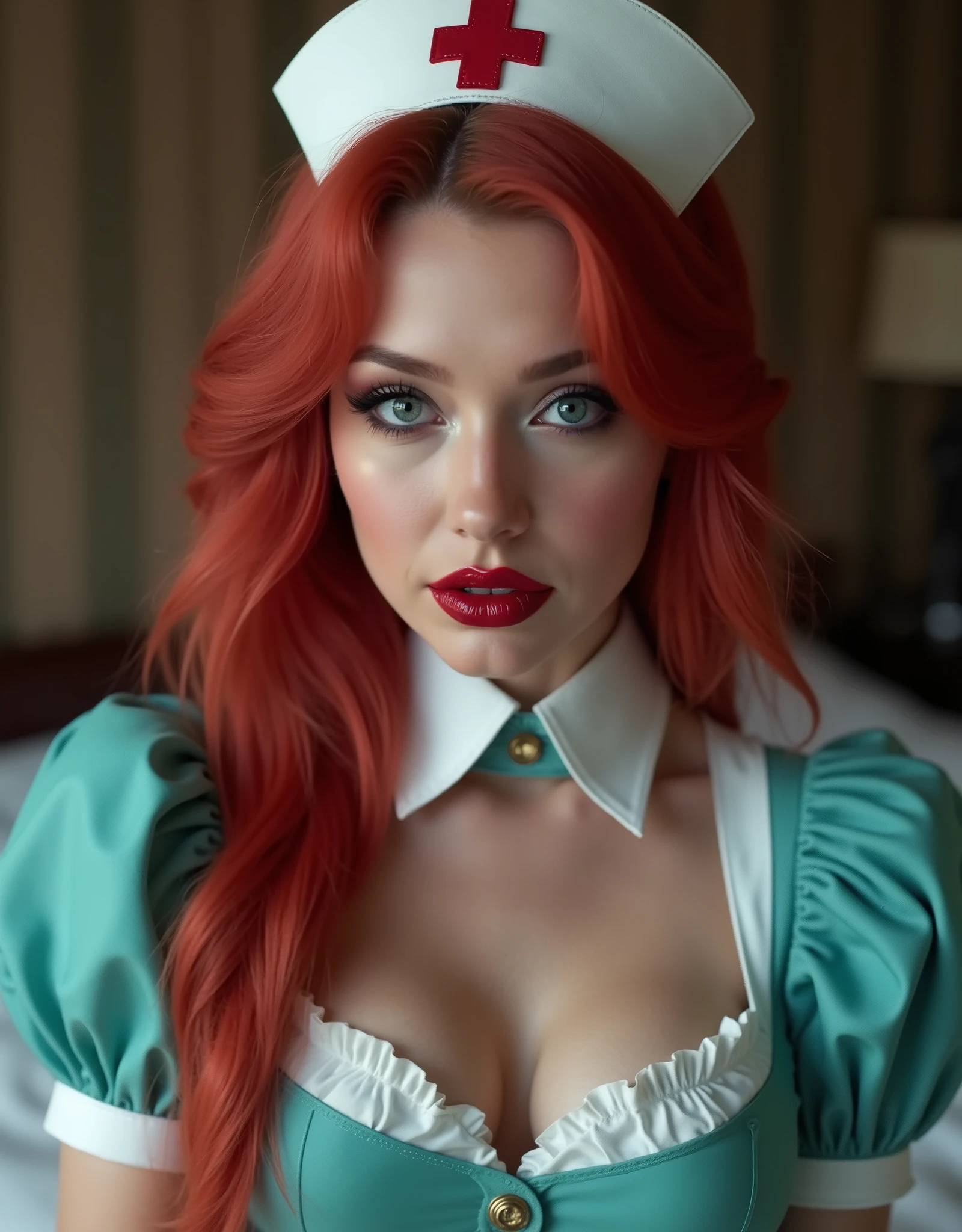 portrait of a Victorian nurse wearing a red and cyan latex uniform with a red nurse's cross logo, she is wearing red lip gloss, long red hair, posing on the bed, gothic make up, ass, extreme lip gloss, close up of face and chest