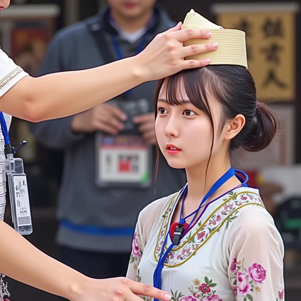 Japaneses, Coming of age ceremonies, Coming of age is a young person's transition from being a    to being an adult, someone put the hat on her head, old type traditional dressing , knee down , banner with words 'Coming of age ceremonies'