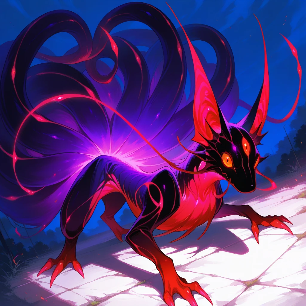 (masterpiece), best quality, solo,  creature focus, multiple tails, Mole with red-pink black glowing yellow white and vivid-purple color palette