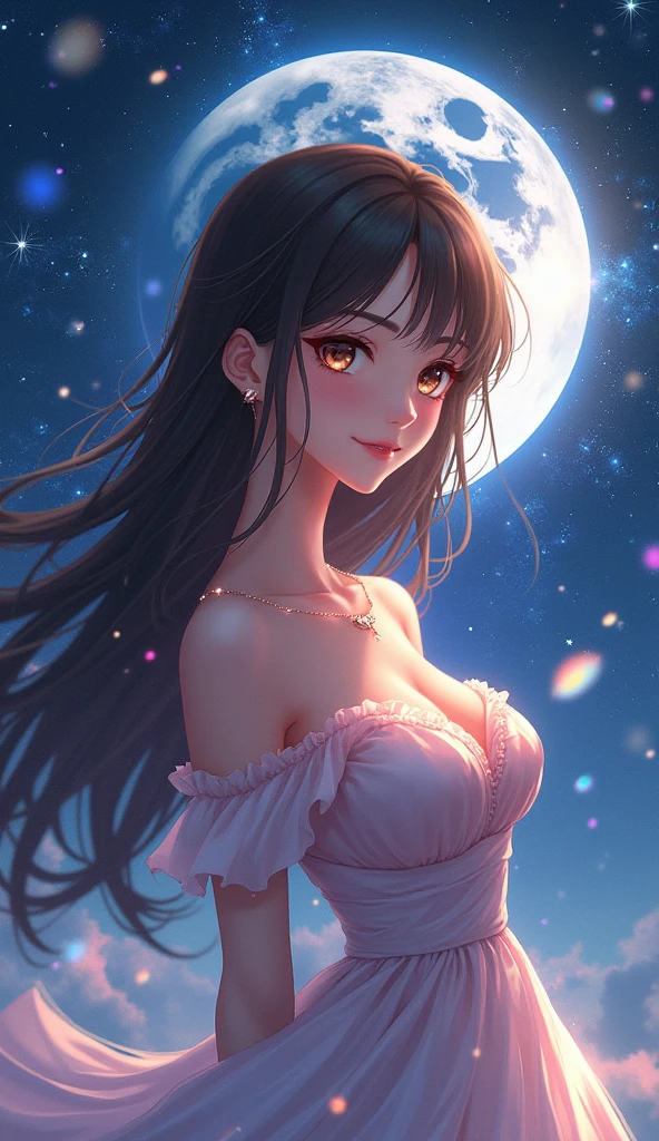 (Masterpiece、 best quality 、8k、 High Resolution )、 best style 、( Most Beautiful Anime Girls)、( clean skin、beautiful brown eyes、 beautiful lips、smile、Beautiful Nose)、 Brown-black, Long Hair 、Medium Breasts 、 Beautiful Starry Sky、 full moon、 Milky Way、(体whole bodyから神秘的な光の粒子、Colorful light)、(  jewelry、 necklace)、 dress、(whole body)、  Azur Lane Video Games  、A complete portrayal、 CG in detail、