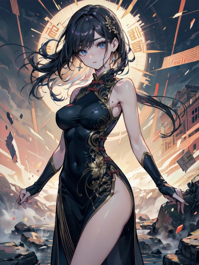 ((highly detailed)), Genshin Impact, ((Hu Tao)), Perfect human hand,(Small breasts:1.1),relaxed poses, ((fit female)) , Super perfect body curve, masterpiece, 4K, detailed, Perfect face, (20 years old) Enthusiastic body language, Fit the figure,  gorgeous Perfect face, Happy expression, open mouth, realistic style and super detailed renderings, Surrealism, Surrealism油画, Contour shading - ((Full body portrait)), Sitting on a rock in the city , Hands on thighs，Huge breasts