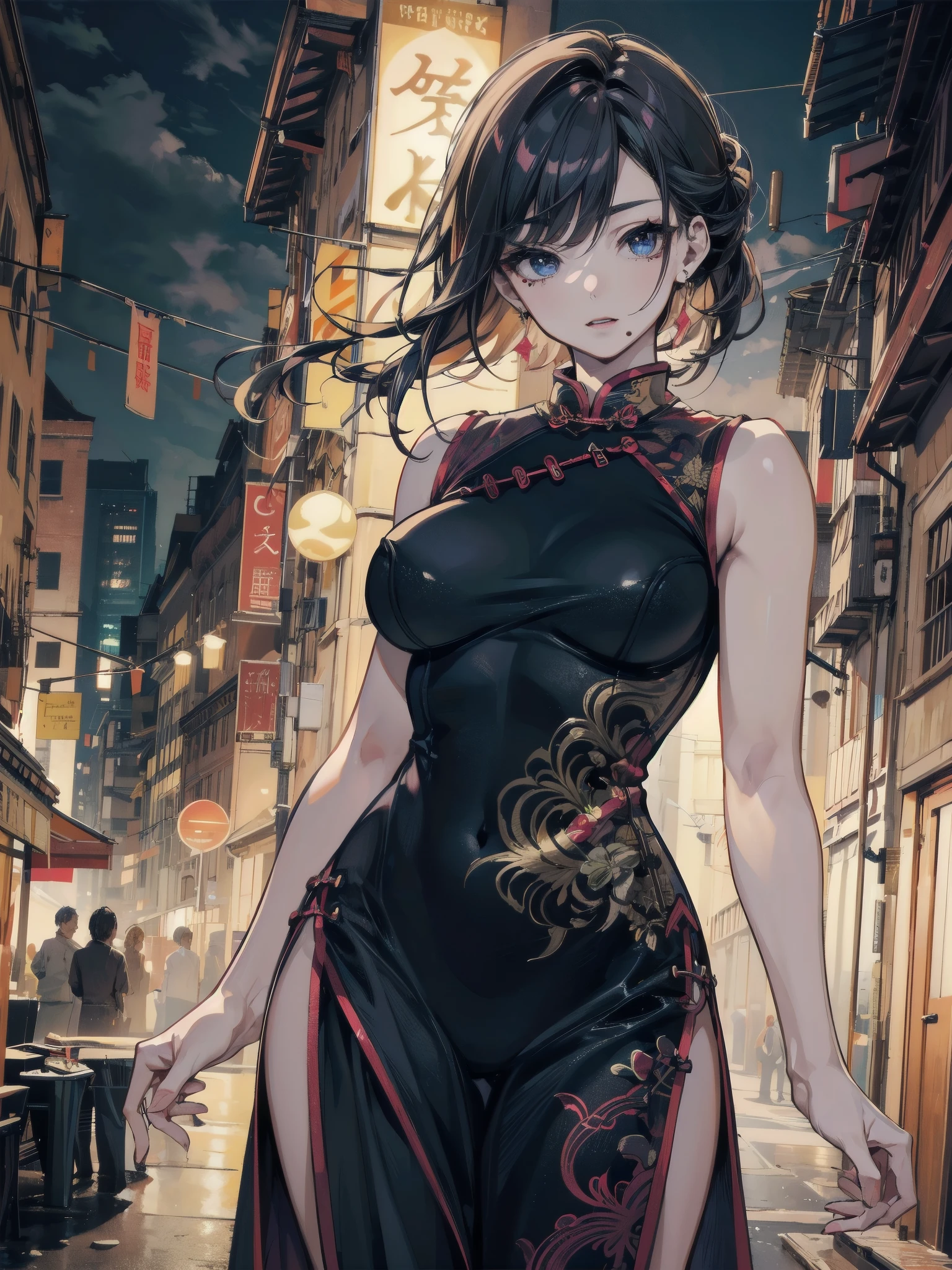 highest quality、Nice sexy body、One Woman、solo、(Beautiful busty woman:1.5)、Medium hair woman、((Woman with dark red hair))、(A woman wearing a black Chinese dress)、A woman wearing brown pantyhose、Smiling woman、Chinatown