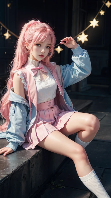 Upper body of a teen chinese girl, natural lighting, detailed feature, CG, global illumination, random pose, 4k, cinematic, full body, long white socks, random pose,high quality, best quality, 4k, 8k, single, oversiezed cloth, cloth on, looking at viewer, clear feature, random strawberry logo on the cloth, pink long hair, pink hair, cloth on, hoodie, long leg, long white stocking,