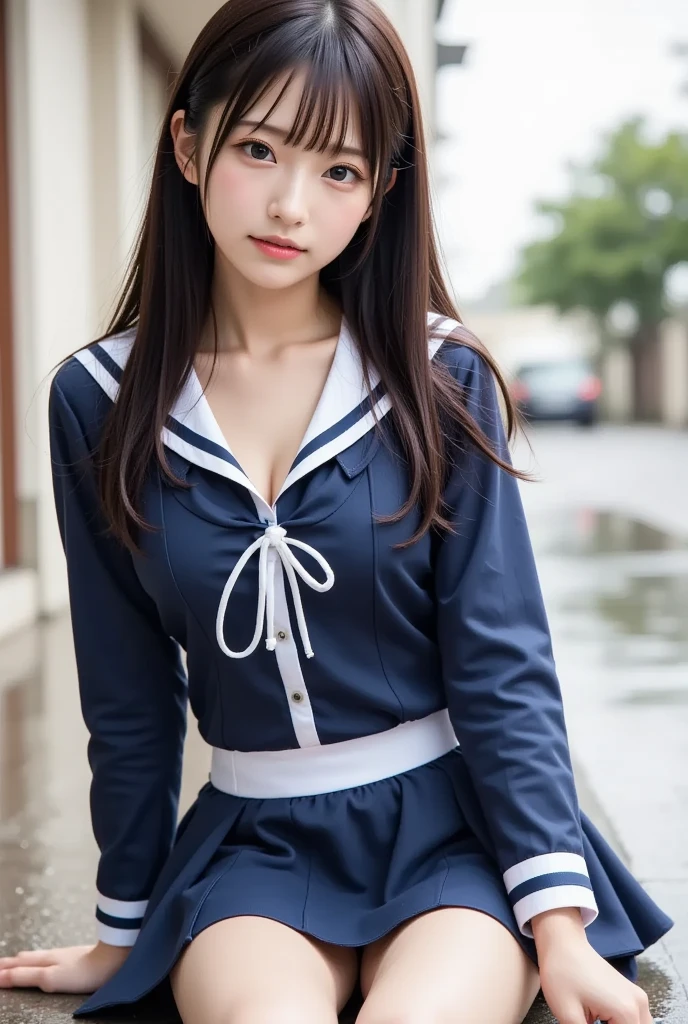  wearing a navy blue skirt and a traditional long-sleeved sailor suit with white accents、Fair-skinned Japanese  ******  professional photo of a girl .  she is sitting on a wet pavement ,  with her legs slightly open ,  Wearing .  composition emphasizes the slight reflection of her white pants in a small puddle .  The image emphasizes her idol-like beauty and 、Clearly ,  smooth skin and delicate facial features .  Soft, Natural Lighting ,  gentle shadows that enhance the texture of the uniform and the reflective surface of the puddle The .  the background is blurred to draw attention to the subject ,  composition creates a quiet yet playful atmosphere, and the .  Photographed with a 50mm lens f  /2. 8 ,  photorealistic aesthetics .