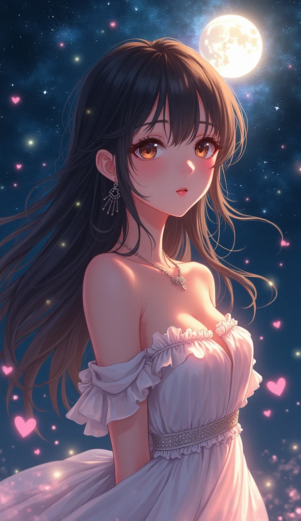 (Masterpiece、 best quality 、8k、 High Resolution )、 best style 、( Most Beautiful Anime Girls)、( clean skin、beautiful brown eyes、 beautiful lips、smile、Beautiful Nose)、 Brown-black, Long Hair 、Medium Breasts 、 Beautiful Starry Sky、 full moon、 Milky Way、(体whole bodyから神秘的な光の粒子、Colorful light)、(  jewelry、 necklace)、 dress、(whole body)、 A complete portrayal、 detailed illustration art 、