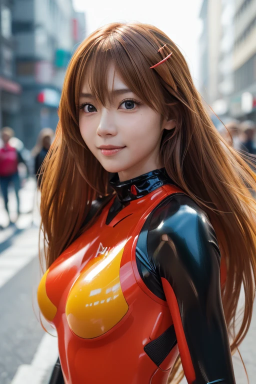   Shikinami Asuka Langley,  Perfect dynamic composition of a beautiful and beautiful woman   ,   wearing trendy clothes and using a cell phone confidently on a lively city street.face-closeup、 latex bodysuit 、
Huge 、    long brown hair  、Sparkling,   oily skin  、  glowing skin  、  white skin、Flying debris,  top quality ,   realistic  ,   very detailed, finely,  high res,  8k electronic wallpaper ,   Beauty ,, Light brown,   tousled hair,   Sharp Focus,   perfect dynamic configuration,   Beautiful details  , Detailed hair  , Detailed   realistic   skin texture, smile,   close-up portrait  ,   model body type  、face-closeup