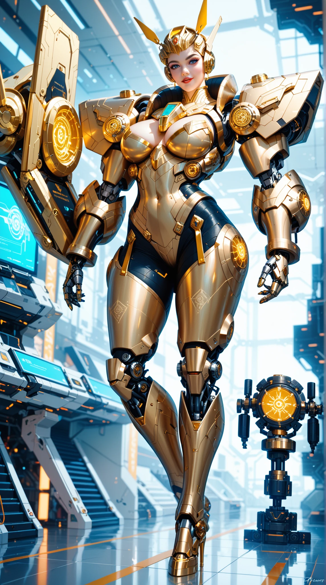 Jaina proudmoore, ((masterpiece, better quality)),illustration,ultra detailed 8k,photorealistic,sharp focus,very detailed,professional lighting,colorful details,iridescent colors BREAK extremely long plan of a factory,large mechanical robot construction,microchip,computer,glossy, intricate details,shitu-mecha,1girl stands next to Mecha, Gundam, navel, cute, sexy, eyes ultra detailed,