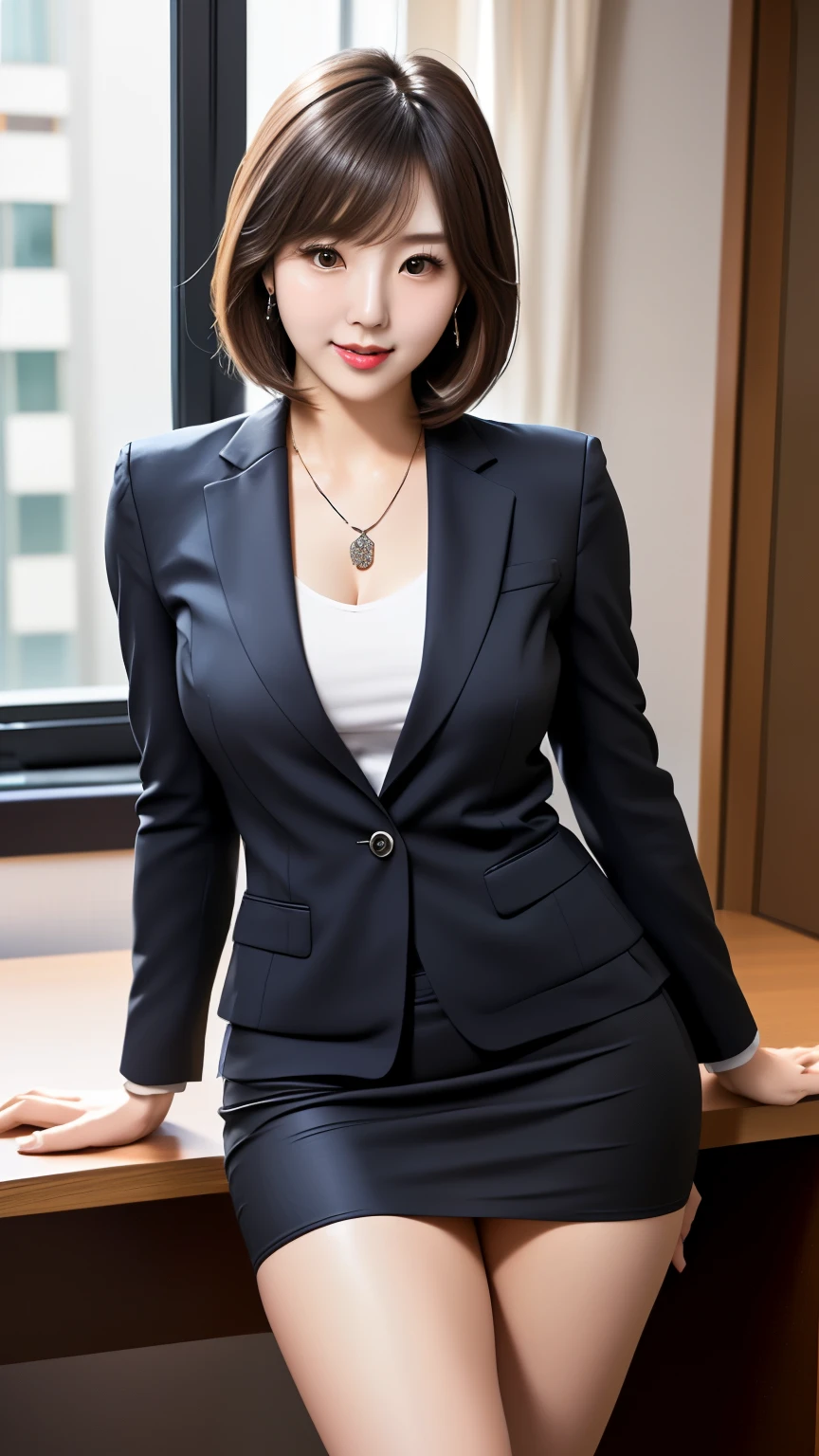  standing side by side in front of an anatomically correct 5-finger 　 Beautiful Korean Woman in the Lounge 　(((bangs　 bob hair)))  earrings　 thin due to small things necklace　((( business suits  　 tight miniskirt walking in groups)))　At the office　Sitting on a desk chair　 plump thighs　Sensual body　 looking at camera　 sexy look on both shoulders