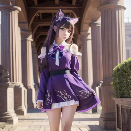 A woman,Purple cat ears,The clothes are a combination of purple and white,Purple tail,Wear white knee-length socks,out your tongue,Purple colored hair,style of anime,Eyes seductive,One hand holds the sword in front of his chest,The chest is particularly large,Leaking out of the ass,Climbing on the bed without panties