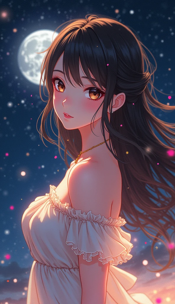 (Masterpiece、 best quality 、8k、 High Resolution )、 best style 、( Most Beautiful Anime Girls)、( clean skin、beautiful brown eyes、 beautiful lips、smile、Beautiful Nose)、 Brown-black, Long Hair 、Medium Breasts 、 Beautiful Starry Sky、 full moon、 Milky Way、(体whole bodyから神秘的な光の粒子、Colorful light)、(  jewelry、 necklace)、 dress、(whole body)、 A complete portrayal、 detailed illustration art 、