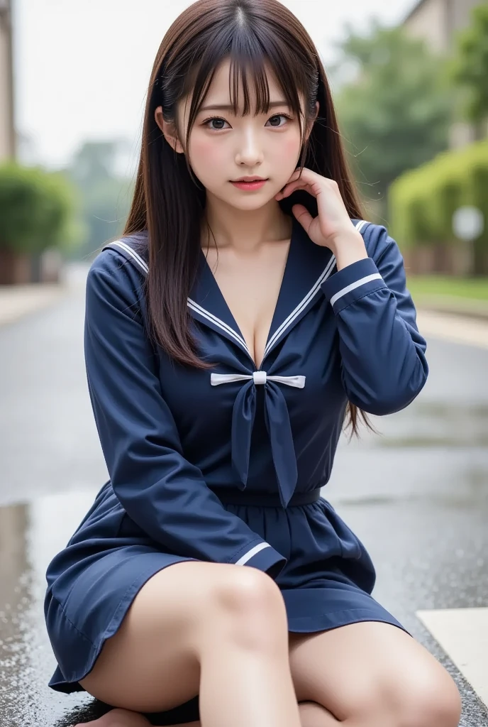  wearing a navy blue skirt and a traditional long-sleeved sailor suit with white accents、Fair-skinned Japanese  ******  professional photo of a girl .  she is sitting on a wet pavement ,  with her legs slightly open ,  Wearing .  composition emphasizes the slight reflection of her white pants in a small puddle .  The image emphasizes her idol-like beauty and 、Clearly ,  smooth skin and delicate facial features .  Soft, Natural Lighting ,  gentle shadows that enhance the texture of the uniform and the reflective surface of the puddle The .  the background is blurred to draw attention to the subject ,  composition creates a quiet yet playful atmosphere, and the .  Photographed with a 50mm lens f  /2. 8 ,  photorealistic aesthetics .