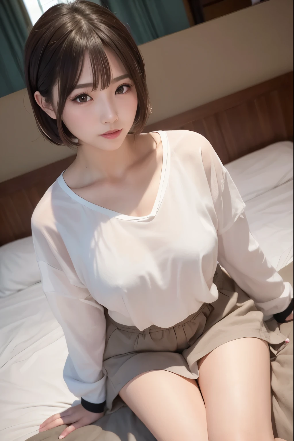 (realistic, photo-realistic:1.37), (masterpiece), (best quality:1.4), (ultra high res:1.2),(RAW photo:1.2), (sharp focus:1.3), (face focus:1.2), elegant, classy, (full body:1.2), (1girl:1.3), extremely cute and beautiful, ((white mini-skirt)), (white t-shirt) (happy smile:1.3), (brown hair:1.3), (bangs hair), (large breast:1.15), ((standing)) , ((telephone in the hand)), midnight, ((bedroom background)) , beautiful detailed eyes, looking at viewer, (extremely cute and beautiful), (no makeup), clean face, breathing, perfect anatomy, perfect proportion, detailed human body, bedroom