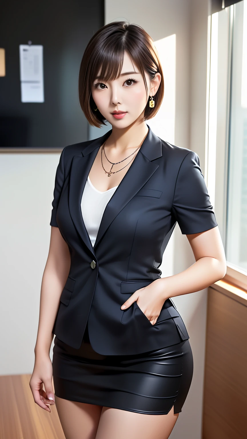 Japanese female one person、(38 years old)、beautiful face、(black leather long boots)、(white tight skirt)、(white blouse)、(black blazer)、(airport、Departure Lobby、Are standing)、natural smile、big breasts、8k, super detail, best quality, textured skin, anatomically correct, masterpiece , top quality, cinematic lighting, Use perspective throughout , surrealism , ,(photorealistic:1. 3),(RAW photo) , black hair, light smile, short hair, bob cut, anaglyph, stereogram, (MILF:1), (38 years old), ((Close:0.5)), glare, double eyelids, lip gloss, (smile:1), ((eyes closed:0.85)), red mouth, collar bone, ((looking at viewer)), (short auburn hair wet and shiny), (full body in view) , Slightly thicker body shape , wide-eyed eyes , perfectly round eyes , fine texture ,