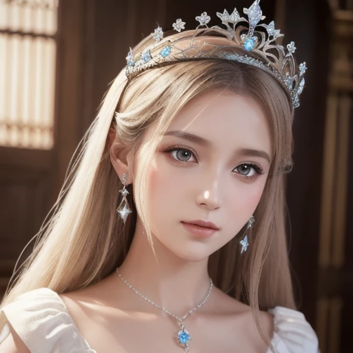  A woman in a white dress wears a crown on her head , a BEAUTIFUL FANTASY QUEEN , ((BEAUTIFUL FANTASY QUEEN )), Portrait of a Princess, Gouvez-style artworks.  5d cgi anime fantasy artwork, 8k high quality detailed art  