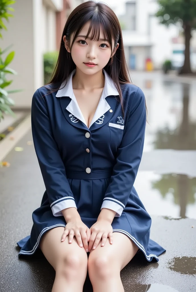  wearing a navy blue skirt and a traditional long-sleeved sailor suit with white accents、Fair-skinned Japanese  ******  professional photo of a girl .  she is sitting on a wet pavement ,  with her legs slightly open ,  Wearing .  composition emphasizes the slight reflection of her white pants in a small puddle .  The image emphasizes her idol-like beauty and 、Clearly ,  smooth skin and delicate facial features .  Soft, Natural Lighting ,  gentle shadows that enhance the texture of the uniform and the reflective surface of the puddle The .  the background is blurred to draw attention to the subject ,  composition creates a quiet yet playful atmosphere, and the .  Photographed with a 50mm lens f  /2. 8 ,  photorealistic aesthetics .