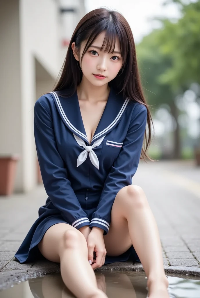 surrealistic、top-quality、 超A high resolution、Nikon Z 85mm、(｛（Raw foto:1.2）｝)natural soft light、profetional lighting、
realisitic、Super live-action、Photorealsitic、The crotch is visible、｛frontage、Angle from below｝
I can't see my hands、（｛｛Hands are out of the angle of view｝｝）（I can't see my fingers）portlate、Cute High School Girl、Uniform miniskirt、Cute sailor suit、Sailor suit skirt、Dark blue skirt、
Both legs are bent、The toes are on the ground、The legs are spread in an M shape and the panties are visible.、Delicate thighs visible from the front、
Japan schoolgirl uniform、White panties visible from uniform miniskirt、（Panchira）Uniform miniskirt、Perfect raw legs、delicate legs、
perfectly proportions、A sexy、Chest visible、
Squatting deep in the city、Show your pants around town、
ulzzang -6500-v1.1, Well-formed face、perfectly proportions、Well-formed fingertips、
Cute High School Girl、 Beautiful face in every detail、Realistic human skin、Provocative facial expressions、Semi-long、Smooth hair、de pele branca、light skinned、 （hyperdetailed face、（very detailed lips、｛round and detailed eyes｝二重まぶた、Moist eyes、｛Very delicate eyebrows｝）） （Strong-minded、（childish、pure、Attractive woman、charmed、glamor、Victory、Cheeky、glad、kawaii、Good aroma、））
