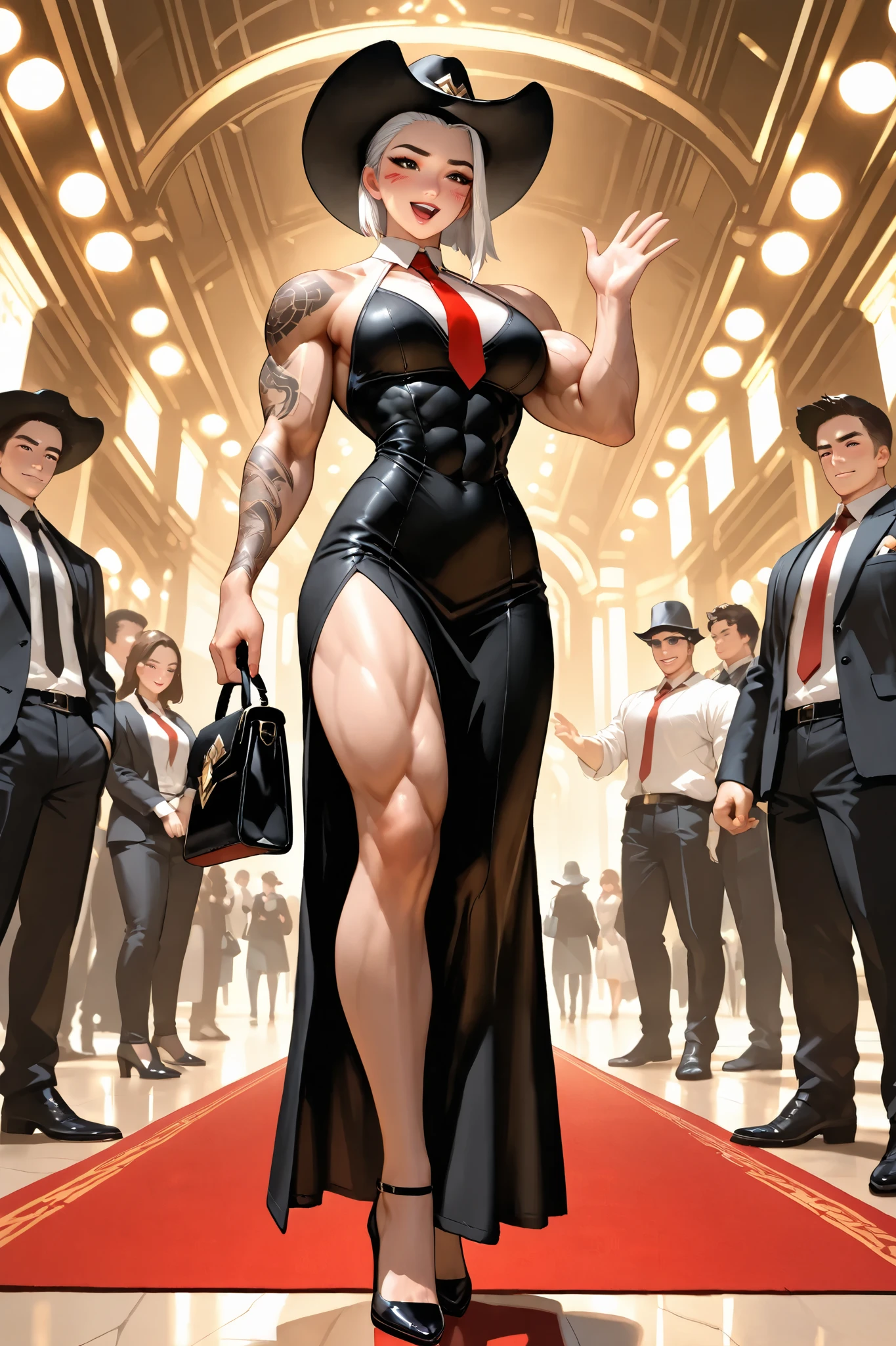 asheow, ashe (overwatch)
, makeup, lipstick, tattoo , wearing a grey and white pattered dress, long white hair, red necktie, holding a clutch handbag, at a red carpet event for a movie premiere, super excited, blushing, waving at the crowd, Exquisite visuals, high-definition,masterpiece,best quality,Exquisite visuals,high-definition,masterpiece,best quality,27yo, high heels, face, Beautiful character design, mediummuscles, biceps, abs , muscular female, -slightmuscle- -bulky- -bodybuilder- -hypermuscle-,
cowboy shot, full body,
narrow waist, bare shoulders, medium breasts, from below, broad shoulders, muscular shoulders, defined triceps, cowboy hat, rifle