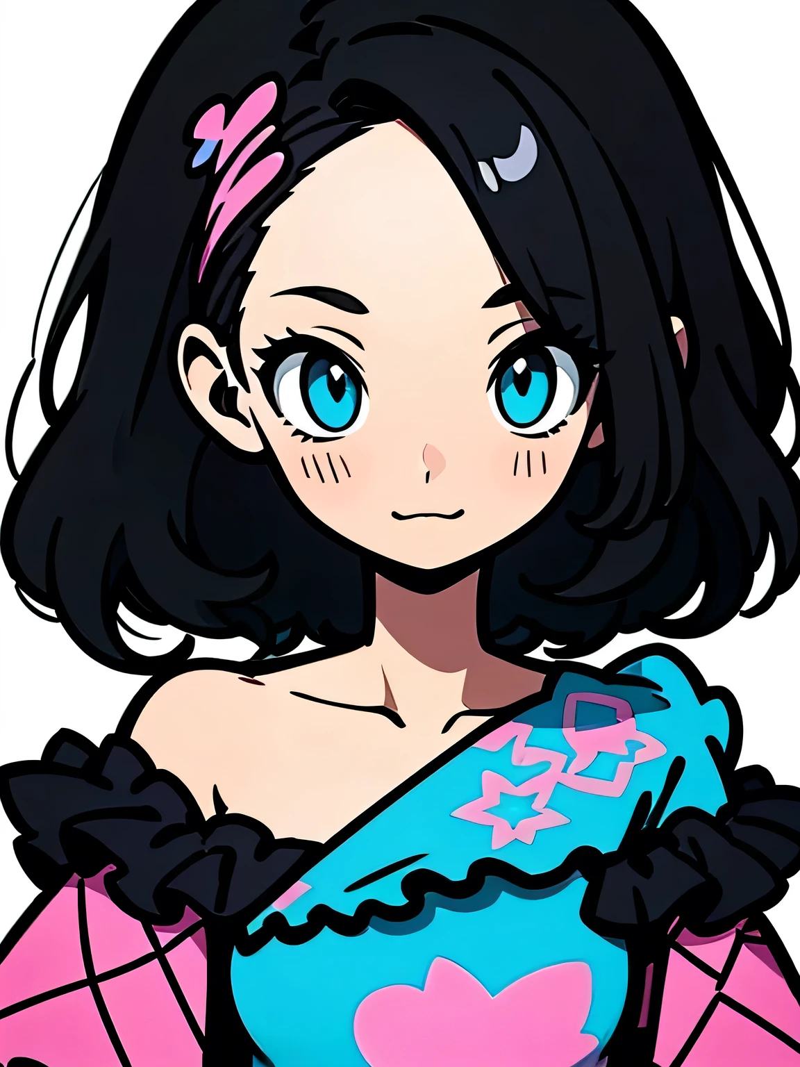 solo,(looking at viewer:1.3),(upperbody),close up face,black straight hair,forehead,(offshoulder),cute frill dress,graffity,pastel gradation,good model pose,white background,(comicart:1.3),(illustration),
