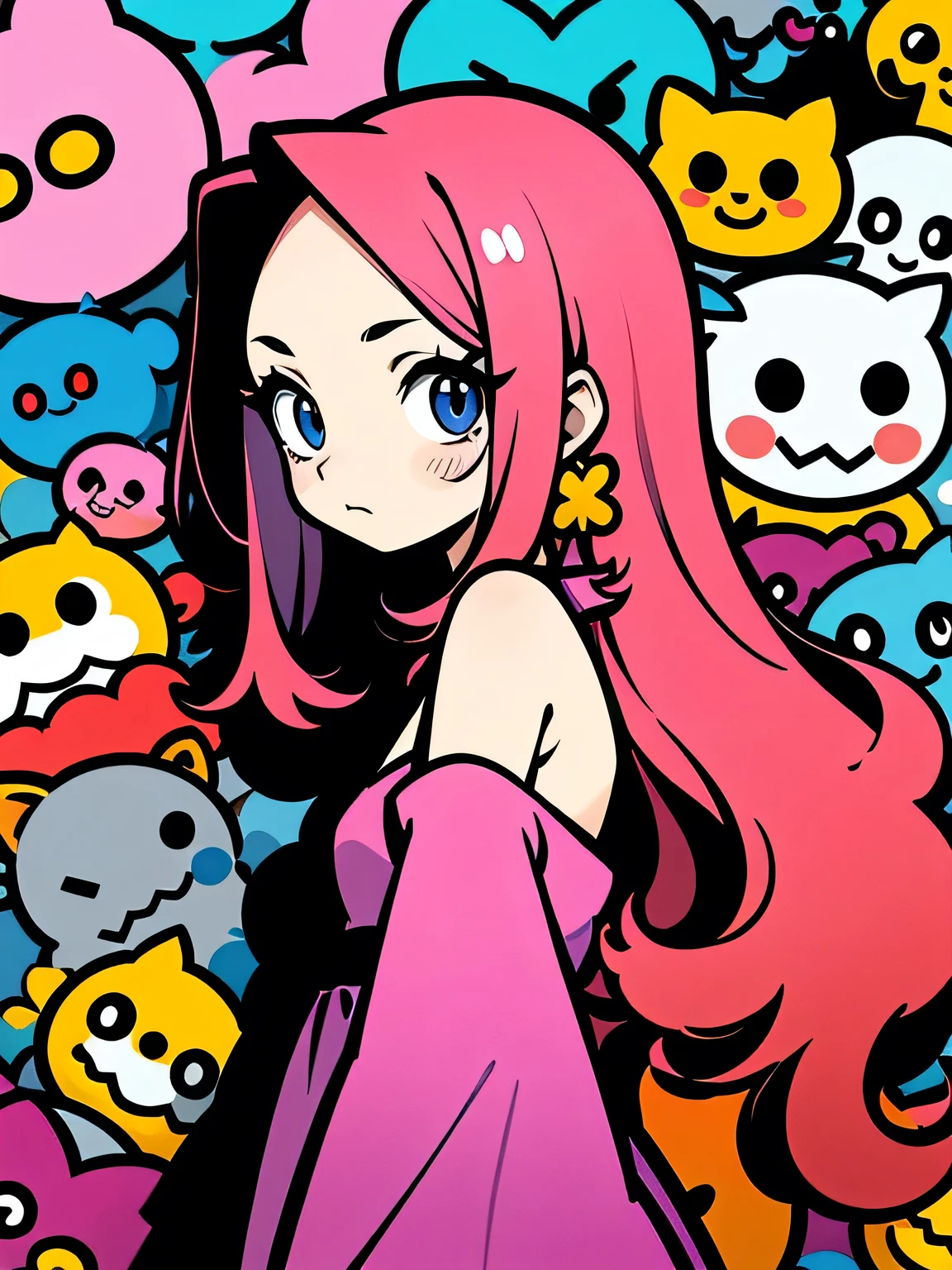 sideview,alone,(looking at viewer:1.3),(upperbody),pink straight long hair,forehead,eyelash,(offshoulder),cute frill dress,graffity,pastel gradation,good model pose,Murakami Takashi,misterious 万華鏡 background,(comicart :1.3),(illustration),