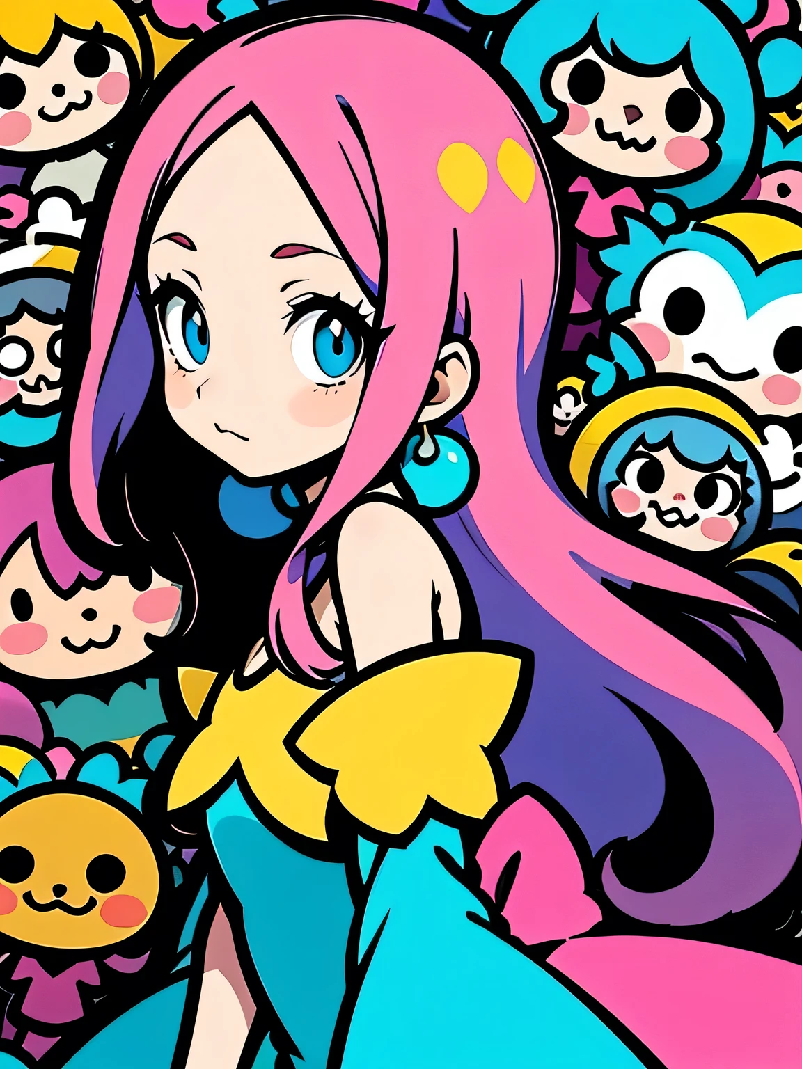 sideview,alone,(looking at viewer:1.3),(upperbody),pink straight long hair,forehead,eyelash,(offshoulder),cute frill dress,graffity,pastel gradation,good model pose,Murakami Takashi,misterious 万華鏡 background,(comicart :1.3),(illustration),