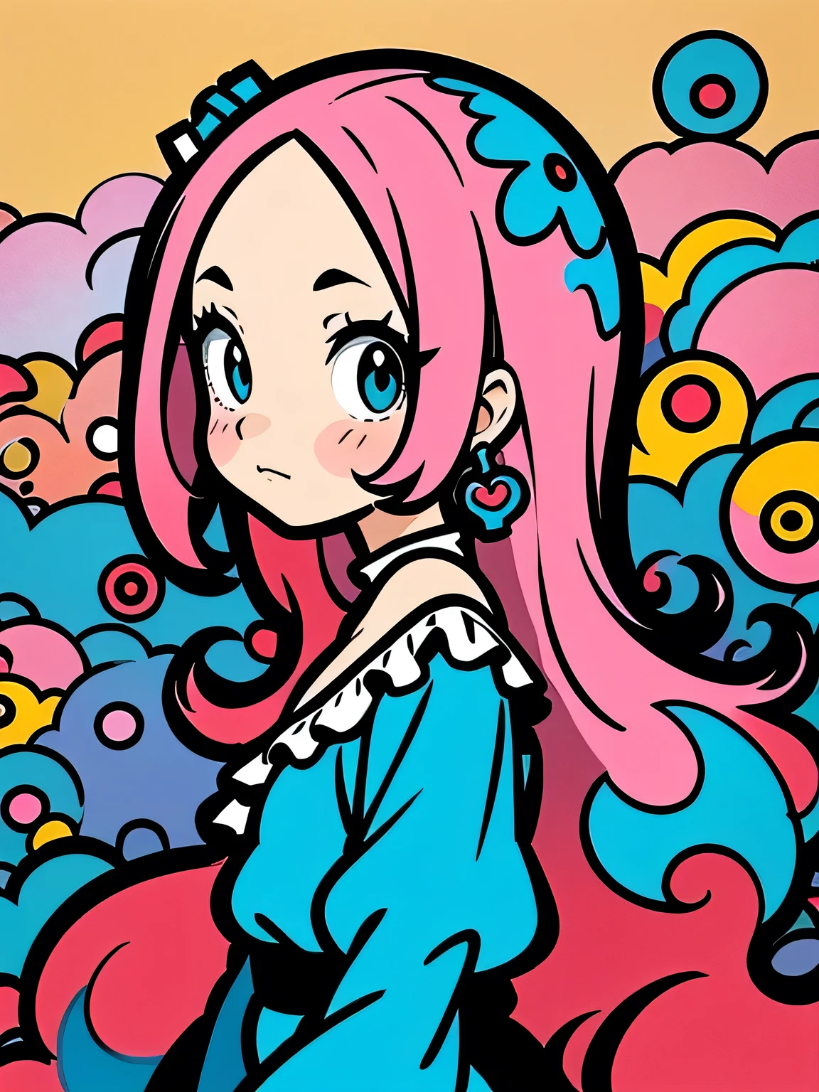 sideview,alone,(looking at viewer:1.3),(upperbody),pink straight long hair,forehead,eyelash,(offshoulder),cute frill dress,graffity,pastel gradation,good model pose,Murakami Takashi,misterious 万華鏡 background,(comicart :1.3),(illustration),