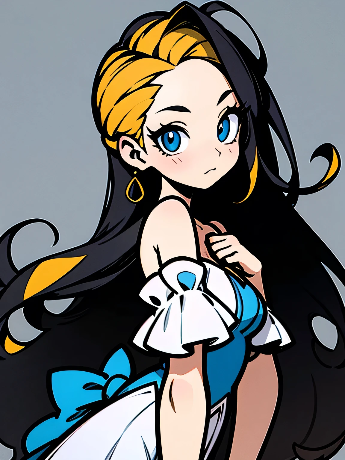 sideview,alone,(looking at viewer:1.3),(upperbody),black straight long hair,forehead,eyelash,(offshoulder),cute frill dress,graffity,pastel gradation,good model pose,misterious 万華鏡 background,(comicart :1.3),(illustration),