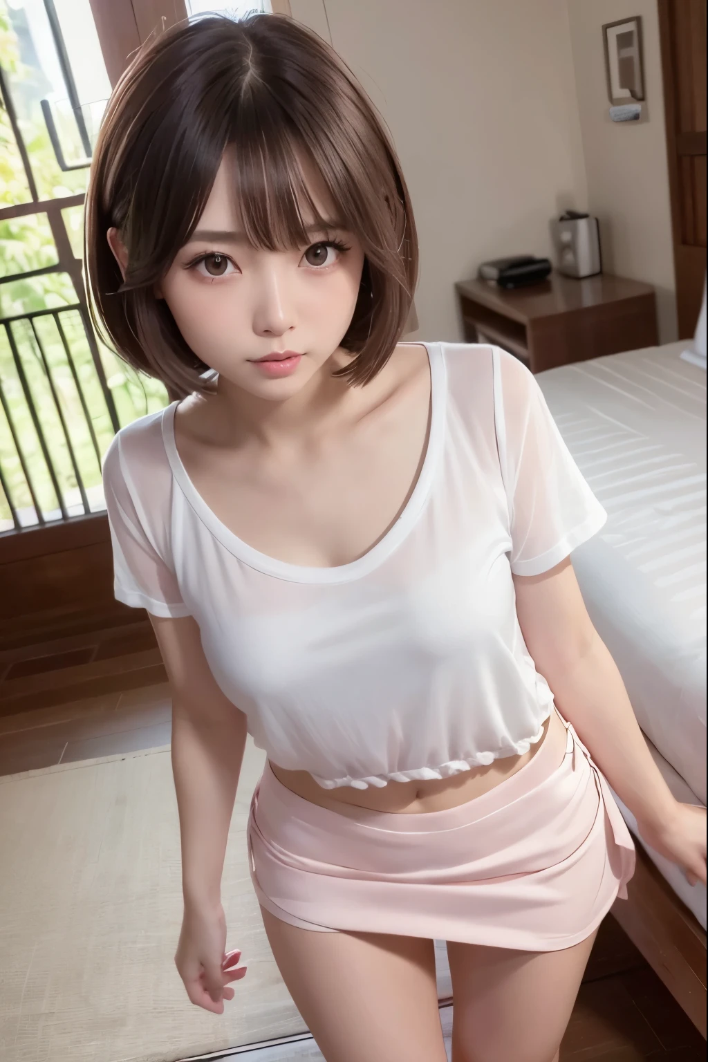 (high resolution:1.5), (masterpiece:1.5), full body, very detailed, best quality, 8k, ((1 girl)), (Cute Japanese woman), cute 24 year old beauty, slim body, (medium breasts:1.5), detailed face, Beautiful and elegant face, cute face, (Round face:1.4), thin lips, natural bangs, arched eyebrows, well-groomed eyebrows, (big eyes with a good balance between the left and right sides), cute eyes, beautiful eyes, beautiful thin nose, beautiful face line, (beautiful skin), medium Hair, Brunette hair, black hair, (natural bangs), slim face, slim figure, (looking at the camera with a Gentle smile), beautiful legs, smooth skin skin, slim and beautiful thighs, fair skin, Beautiful breasts, (Slender and slim body:1.5), (Slim waist:1.5), (slim hips:1.5), ((slim Butt:1.5)), I-type Valley, cleavage, (legs apart:1.2), (Natural Light:0.8), (lighting forward:0.8), (lighting front:0.8), (Flat lighting:0.8), Gentle smile, Detailed fingers, beautiful hands, Knees on the beach, kneeling pose, Open both legs, bangs, ((see-through shirt:1.5)), bangs, sexy Thong, Sexy lace panties, no bra, ((Naked see-through Shirt)), (Beautiful nipples:1.5), (Shower room, dressing room, restroom),
