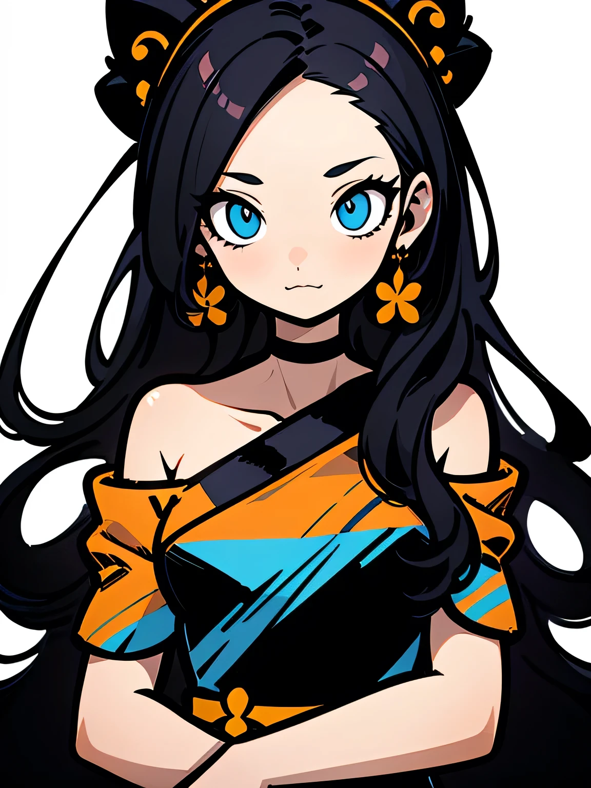 solo,(looking at viewer:1.3),(upperbody),black straight long hair,forehead,eyelash,(offshoulder),cute frill dress,graffity,pastel gradation,good model pose,white background,(comicart:1.3),(illustration),