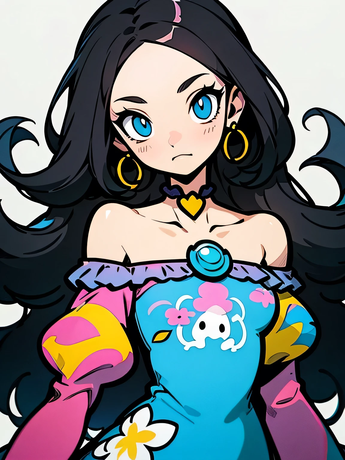 solo,(looking at viewer:1.3),(upperbody),black straight long hair,forehead,eyelash,(offshoulder),cute frill dress,graffity,pastel gradation,good model pose,white background,(comicart:1.3),(illustration),