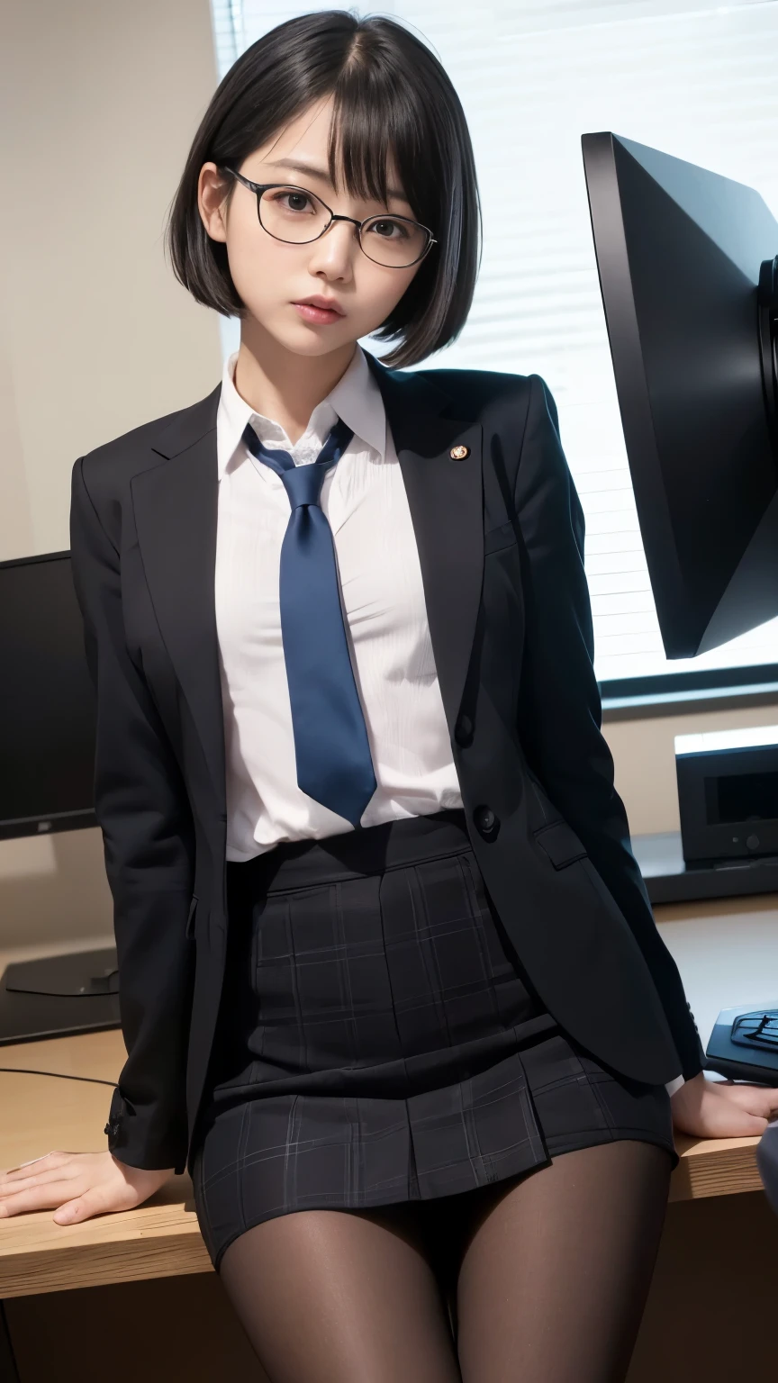 (RAW, best quality, masterpiece:1.5), (photo realistic, intricate details:1.2), ultra highres, absurdres,
1girl, beautiful face, blue eyes, green eyes, detalied eyes, symmetric eyes, light on face, nose blush, short hair, black hair tie, 
clk, vest, suit, pencil miniskirt, unbuttoned white shirt, loose silk scarf, black pantyhose, [:20d, :0.8],
smile, small dimples, sexually suggestive, 
medium breasts, slim waist, slim legs, long legs,
sitting on chair in front of desk, perfect body, good proportions,
looking at viewer, 
(office, indoor, hyper detailed background:1.2), japan, copy machine, file cabinet, computer, monitor,
shiny skin, real skin texture, 
natural lighting, best lighting, detailed background, detailed shadow, sharp focus, depth of field f/2,
saturated, high contrast, strong light and shadow